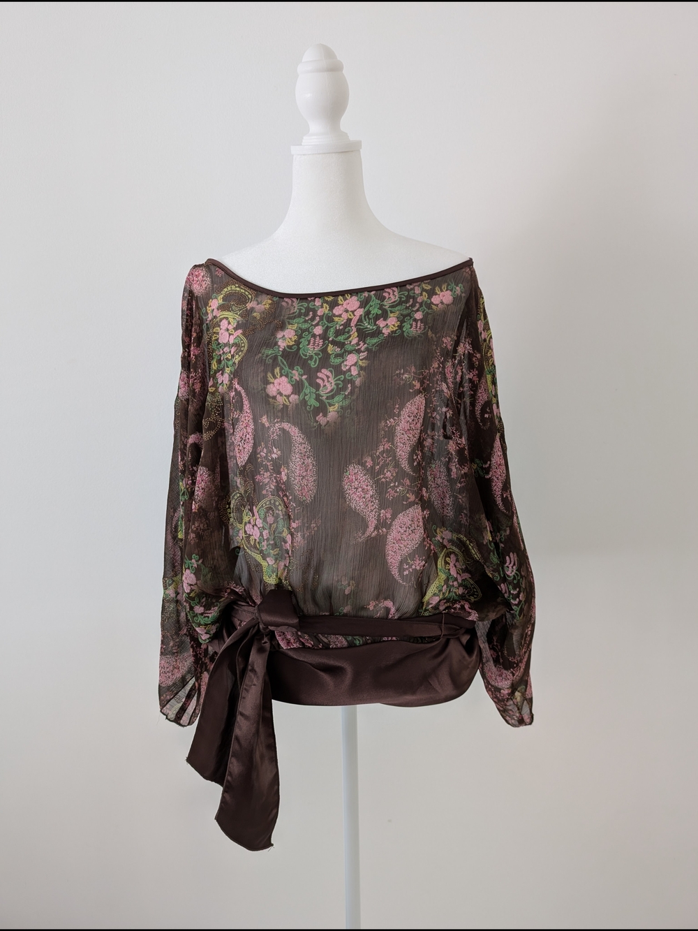 Rampage Blouse Women L Sheer Floral Paisley  Brown Off-Shoulder with Satin Tie